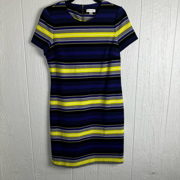 Calvin Klein Women's Stripes Shift Dress Blue Yellow Black Size 8 Above Knee - Picture 2 of 11